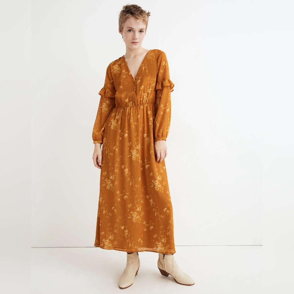 Madewell Ruffle-Sleeve Button-Front Dress In Tonal Botanical Golden Yellow